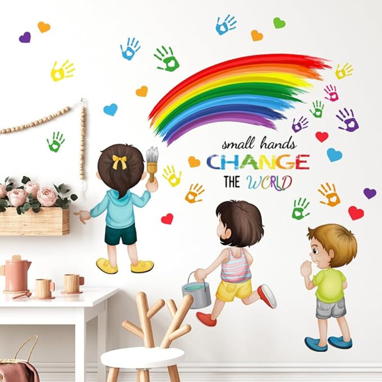 Small Hands Change The World" Wall Decals - Inspirational Rainbow Handprint Wall Stickers - Colorful Watercolor Decor for Classrooms, Playrooms, Nurseries, & School Libraries